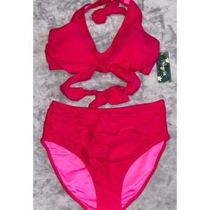 Blooming Jelly Two Piece Ruched Bikini Set Womens Medium Red Beach High-Waisted